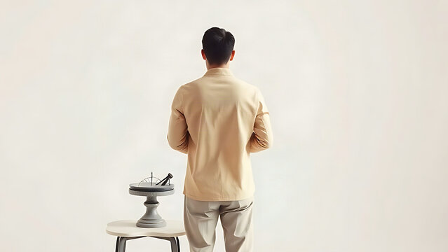 Unrecognizable person with modern stone sundial, time management and efficiency concept