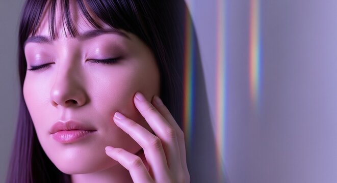 Moody close-up of a woman with closed eyes touching her face under soft purple ambient light