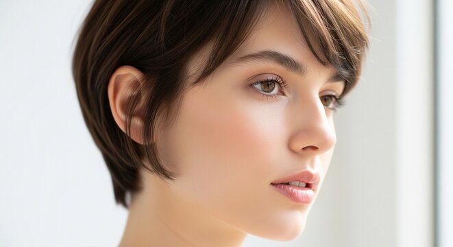 Close-up face portrait of a woman with short pixie hair and clear skin.