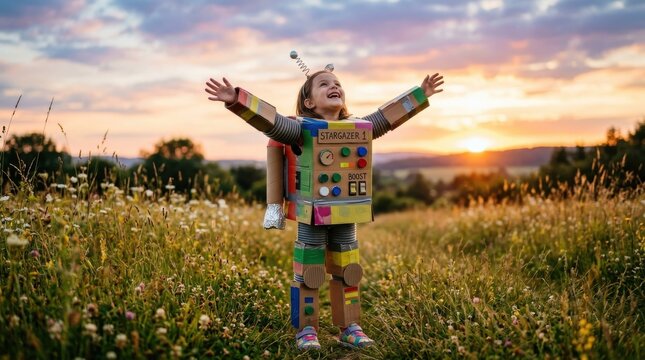Happy child girl wearing a handmade cardboard robot costume playing outside in a wildflower meadow during a beautiful sunset with arms wide open