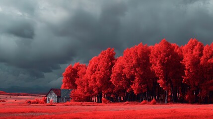Obraz premium Infrared Landscape - Red Trees Under Dramatic Cloudy Sky.