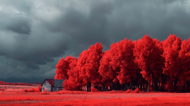 Infrared Landscape - Red Trees Under Dramatic Cloudy Sky.
