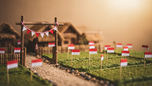 Miniature diorama of Indonesian Independence Day celebration with red and white flags, bamboo gate, and pennant bunting decoration, warm golden sunset lighting, patriotic Merdeka concept