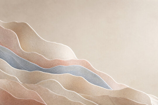 Minimalist paper cut landscape, abstract wavy mountain layers in pastel beige and blue, textured organic background for wellness branding