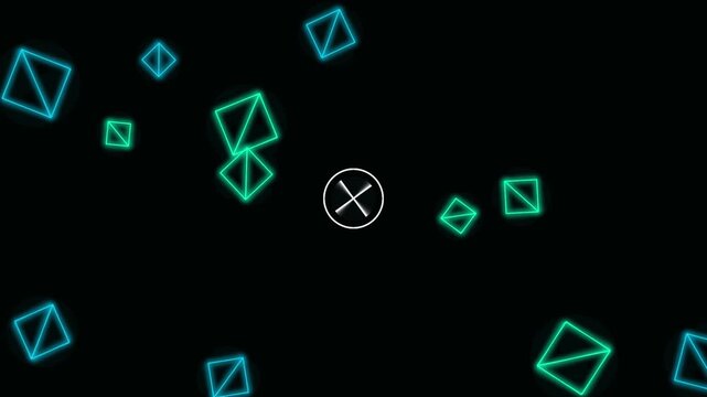 Abstract motion graphic with glowing geometric shapes rotating around central target, digital art background.