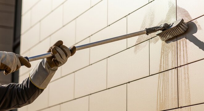 Gloved hands using a long extension pole brush to wash a building facade.