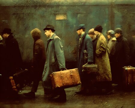 Evocative depiction of refugees boarding a train during wartime.