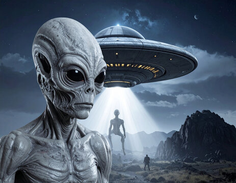 Grey alien portrait with a flying saucer UFO hovering over a rocky landscape and mysterious humanoid figure