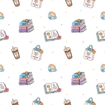 Coastal Book Lover Seamless Pattern with Books Coffee Tote Bag Seashells and Beach Reading Doodles