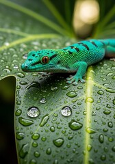 Fototapeta premium Emerald Sentinel on Dew-Kissed Leaf