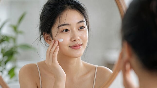 Young woman applying moisturizer to her face while looking in mirror for daily skincare routine at home