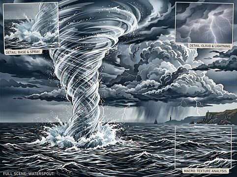 Dramatic tornado over stormy ocean waves.