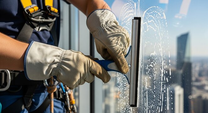 Close-up of a window cleaner using a rubber squeegee to clean soapy water off a glass window pane