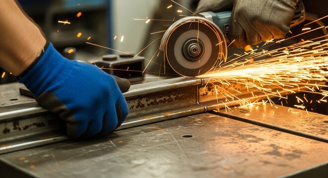 Close-up view of angle grinder cutting steel beam generating bright flying sparks on workbench