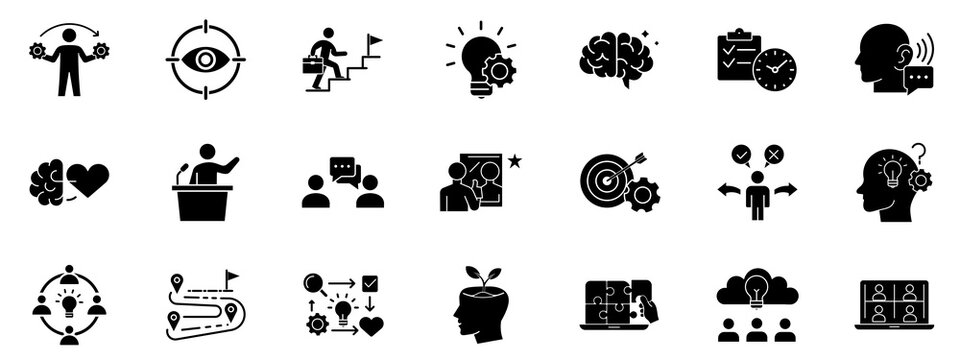 Soft skills glyph icon set with personal growth emotional intelligence leadership and business communication symbols. Vector illustration of solid career development and strategy icons.