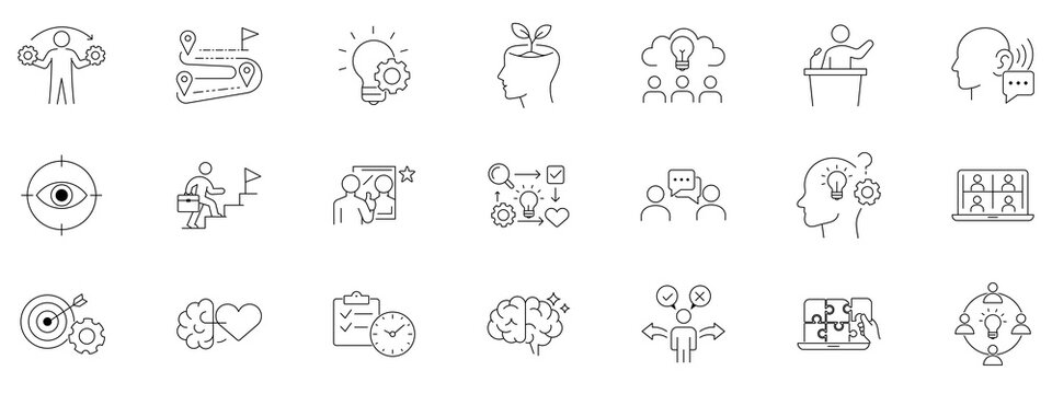 Soft skills line icon set with personal growth emotional intelligence leadership and business communication symbols. Vector illustration of outline career development and strategy icons.