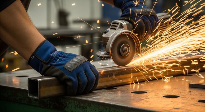 Close-up of builder hands in gloves using angle grinder cutting metal bar with sparks.