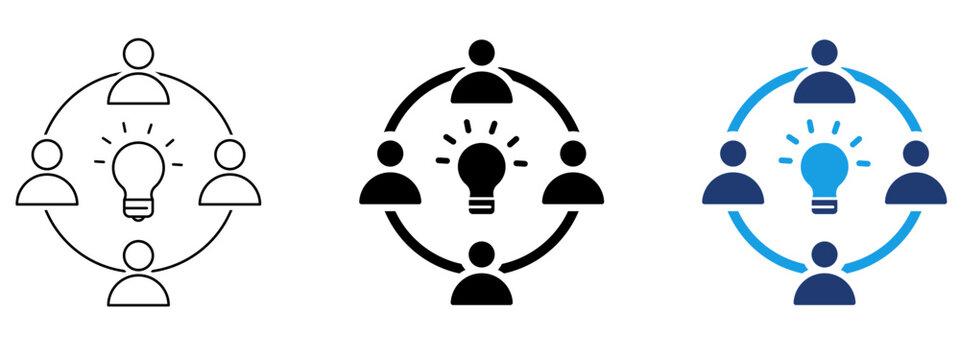 Brainstorming icon with team connected in circle around lightbulb. Symbol of innovation, teamwork, idea generation, collaboration, creative solution, group thinking, strategy and leadership.