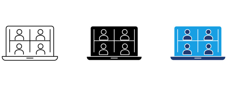 Video conference icon with laptop screen and grid of people avatars. Symbol of online meeting, virtual call, remote work, webinar, video chat, team collaboration, teleconference and e-learning.