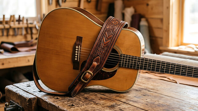 Artisan leather strap on a classic acoustic guitar with intricate patterns resting on a wooden surface