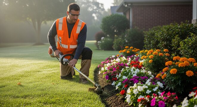 Professional gardener trimming grass around colorful flower bed using electric string trimmer in backyard garden