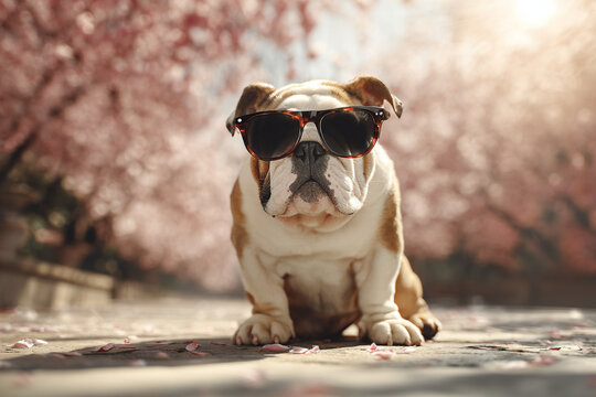 Adorable funny English bulldog wearing stylish dark sunglasses sitting outdoors on a stone path under beautiful blooming pink cherry blossom trees with soft warm sunlight streaming through branches.