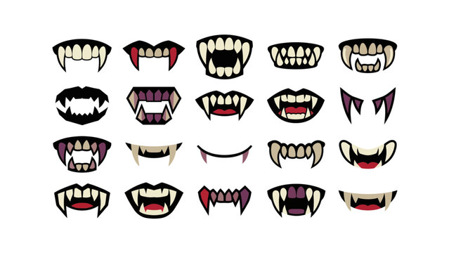Set of scary vampire mouths and sharp teeth icons for halloween design projects featuring different expressions of monster jaws and fangs in a simple flat graphic style for creative decorations Vector