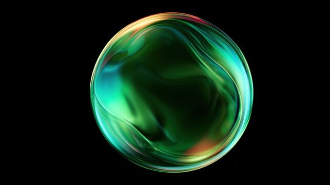 Green glass sphere abstract energy orb with iridescent liquid textures and glowing futuristic design