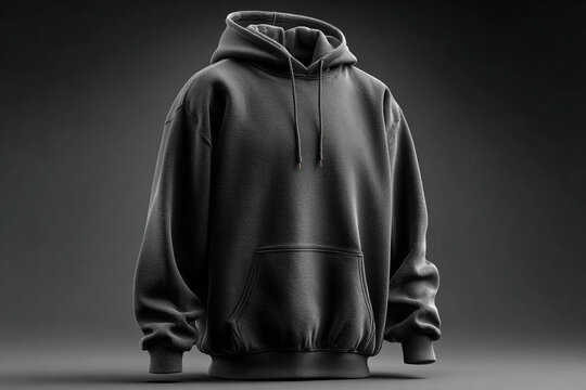 Blank charcoal gray pullover hoodie template mockup featuring a three quarter front angled view isolated on a clean dark studio background with soft realistic dBlrop shadows and cotton fabric texture.