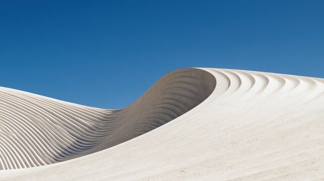 Abstract white curved architecture resembling sand dunes under a clear blue sky with flowing lines