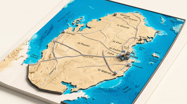 A 3D rendered relief map of Qatar showing major roads, cities, and the surrounding blue.