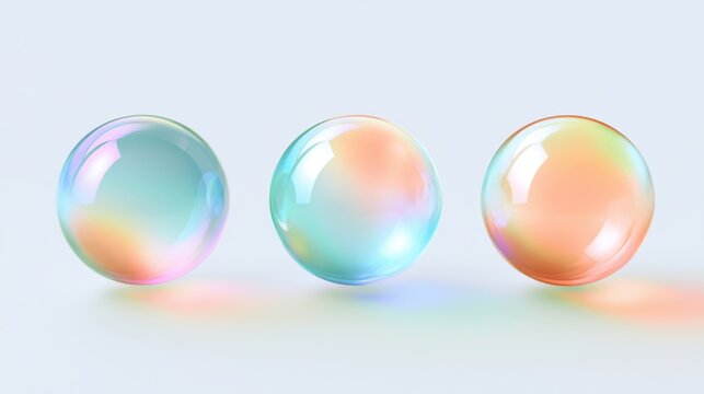 Iridescent soap bubbles in soft pastel colors three translucent glass spheres on white background