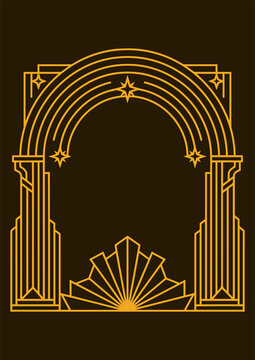 Art Deco Gold Arch Frame with Geometric Radiant Sunburst Elements and Minimalist Celestial Stars