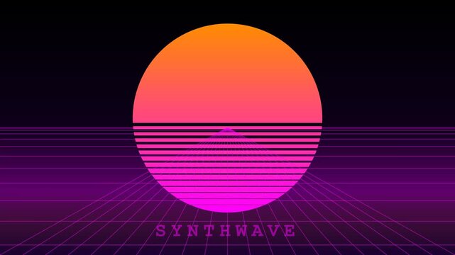 Retro Synthwave Style Sunset with Glowing Grid Background