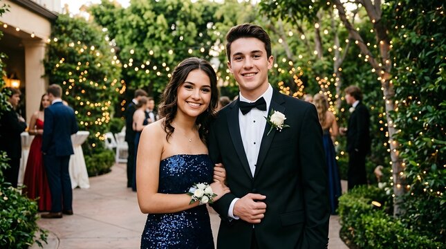 Smiling prom couple posing elegantly in a garden at night