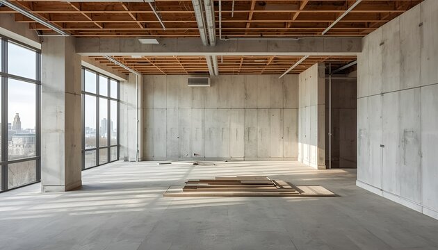 Unfinished Modern Office Space Interior Under Construction, Commercial Renovation Project, Industrial Workspace, Architecture Development and Building Fit Out
