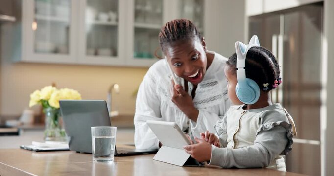 Phone call, elearning and tablet with mother and black child in home for multitask, education and support. Project success, help and online class with woman and kid in family house for headphones