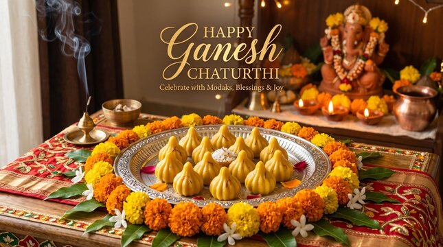 Ganesh Chaturthi Festive Poster with Modak Sweets and Happy Ganesh Chaturthi Text
