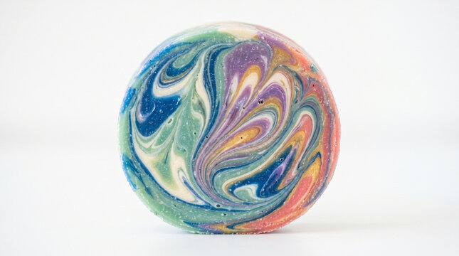 A colorful handmade bath bomb with a beautiful marble pattern on a white background.