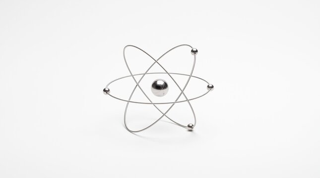 Wire-frame atom model with orbiting rings, atomic structure physics concept