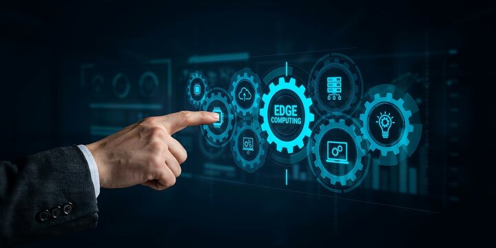 Businessman Touching Virtual Screen with Edge Computing Network and Gear Icons