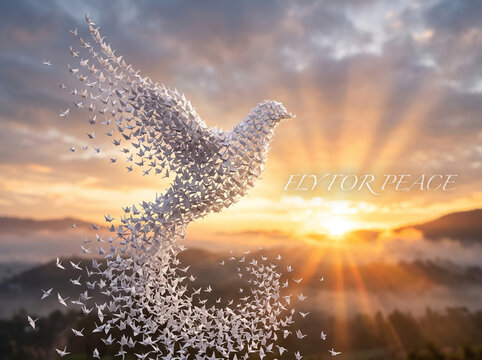 Big Dove Shape Composed of Small White Origami Cranes Flying at Sunset