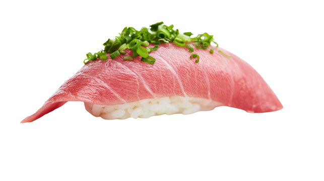 Raw tuna nigiri sushi with chopped green onions, isolated on transparent background