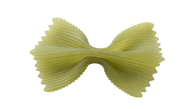 Green farfalle pasta with ridged texture, isolated on transparent background