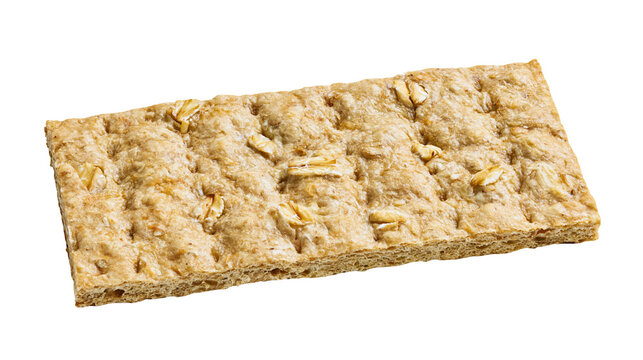 Rectangular whole grain crispbread with visible oat flakes, isolated on transparent background