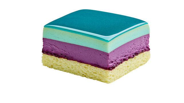 Layered square mousse cake with teal glaze, isolated on transparent background