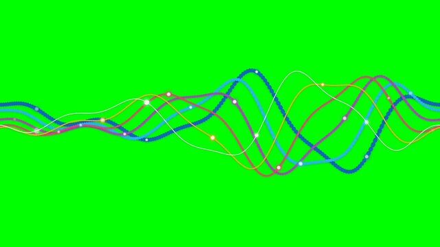 Abstract colorful wavy lines with glowing dots and beads on green screen background for chroma key editing