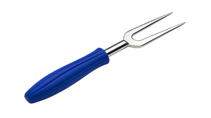 Obraz premium Shiny metal carving fork with blue rubber handle, isolated on transparent background