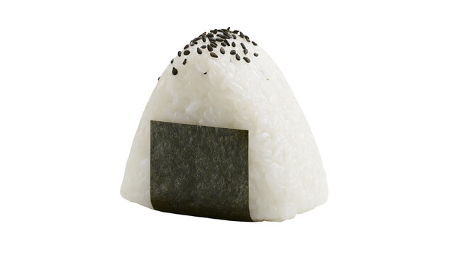 Triangular Japanese rice ball with nori seaweed and black sesame seeds, isolated on transparent background