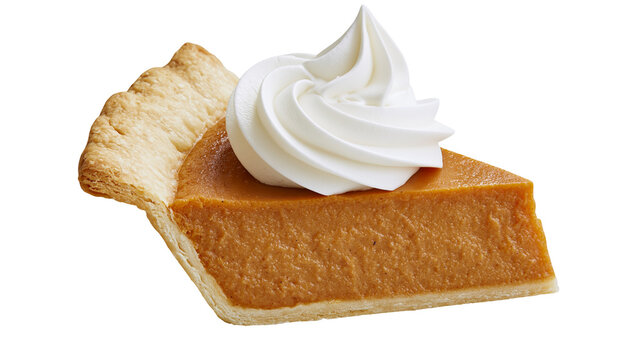 Golden brown pumpkin pie slice with whipped cream swirl, isolated on transparent background